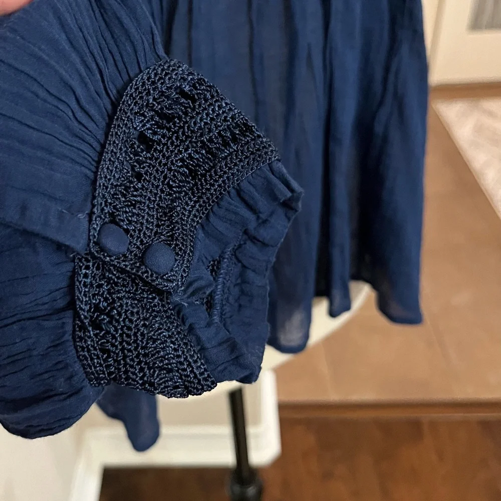 Free People Early Frost navy blue crocheted long sleeve blouse top Size S